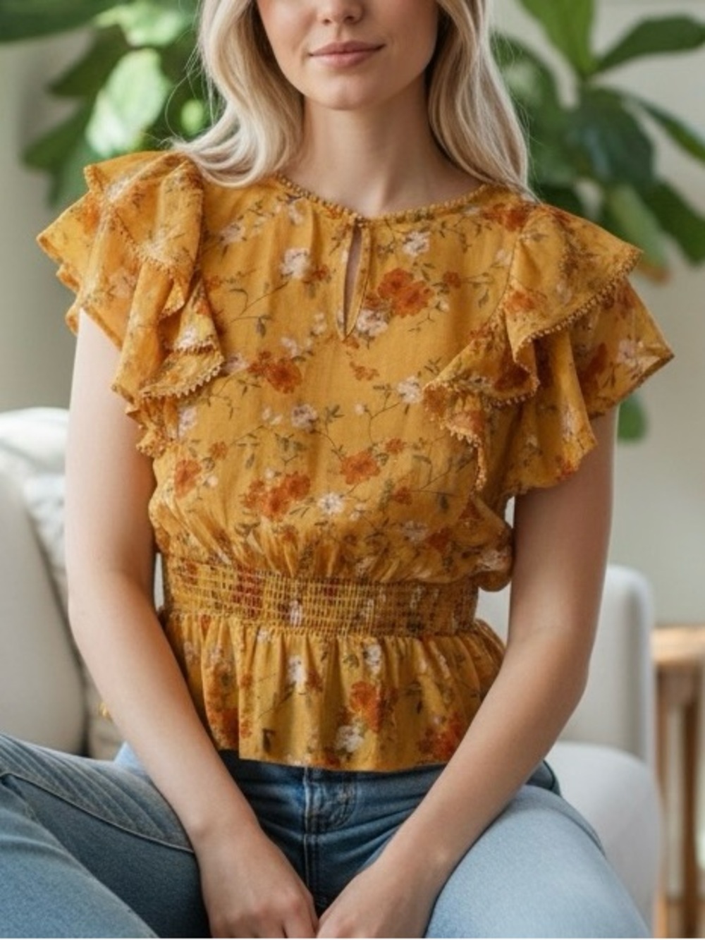 Mine Yellow Floral Boho Ruffle Sleeve Peplum Blouse Size M